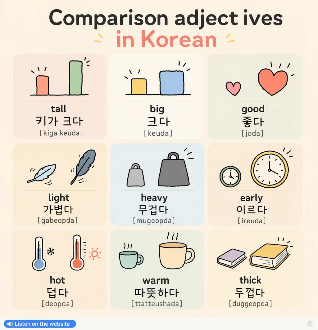 Comparison adjectives in Korean — Korean vocab chart
