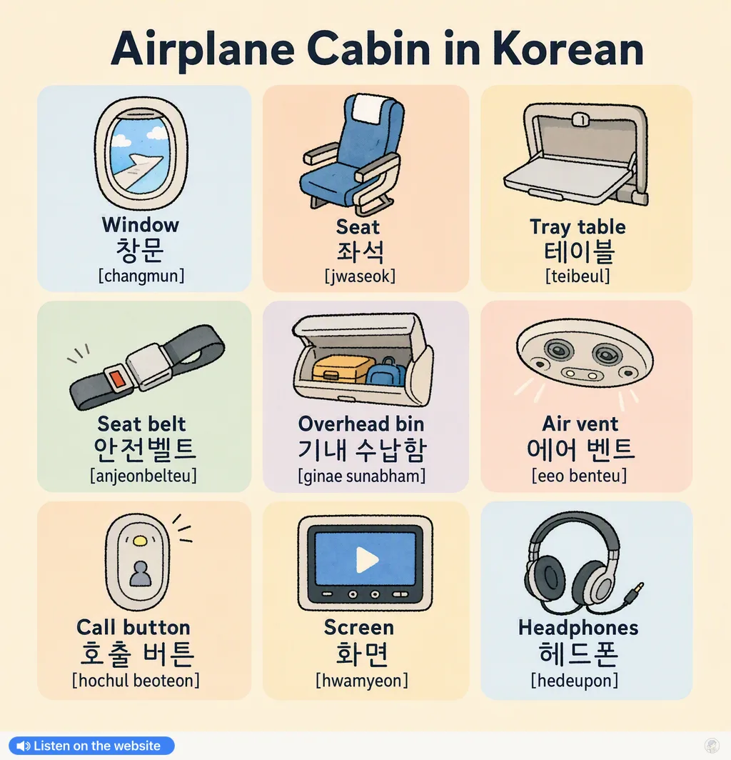 Airplane Cabin in Korean — Korean vocab chart
