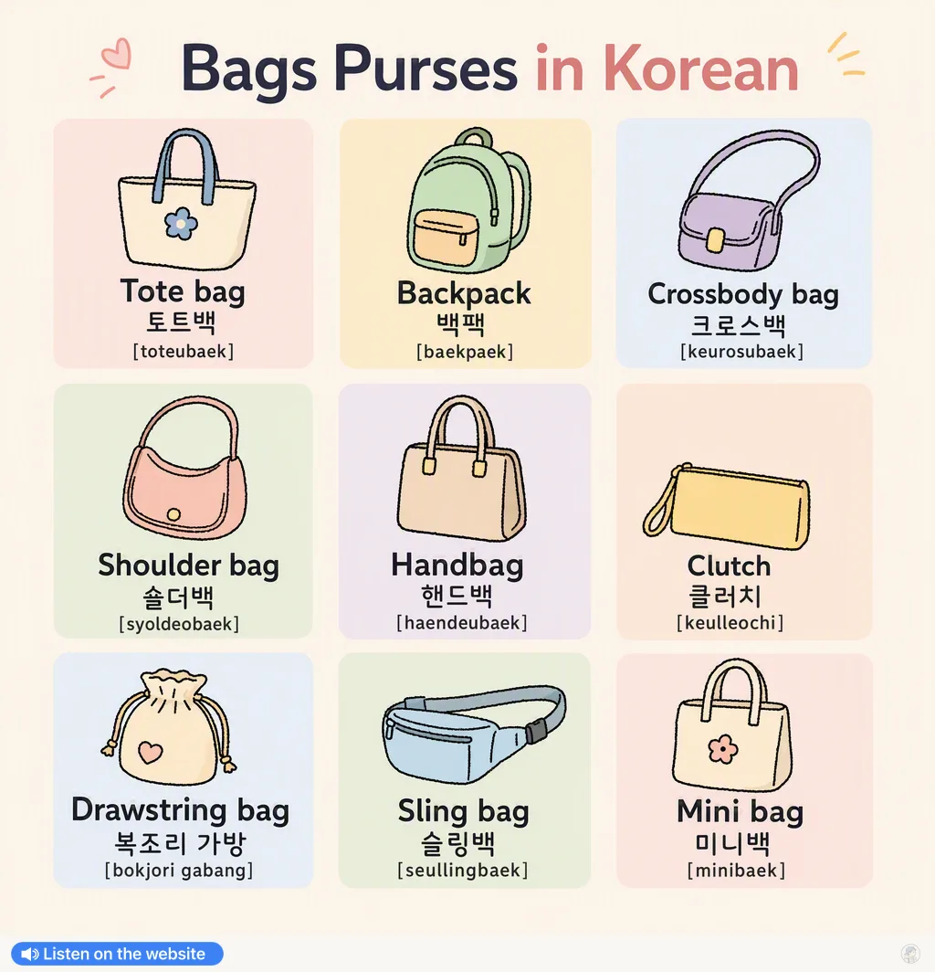 Bags Purses in Korean — Korean vocab chart