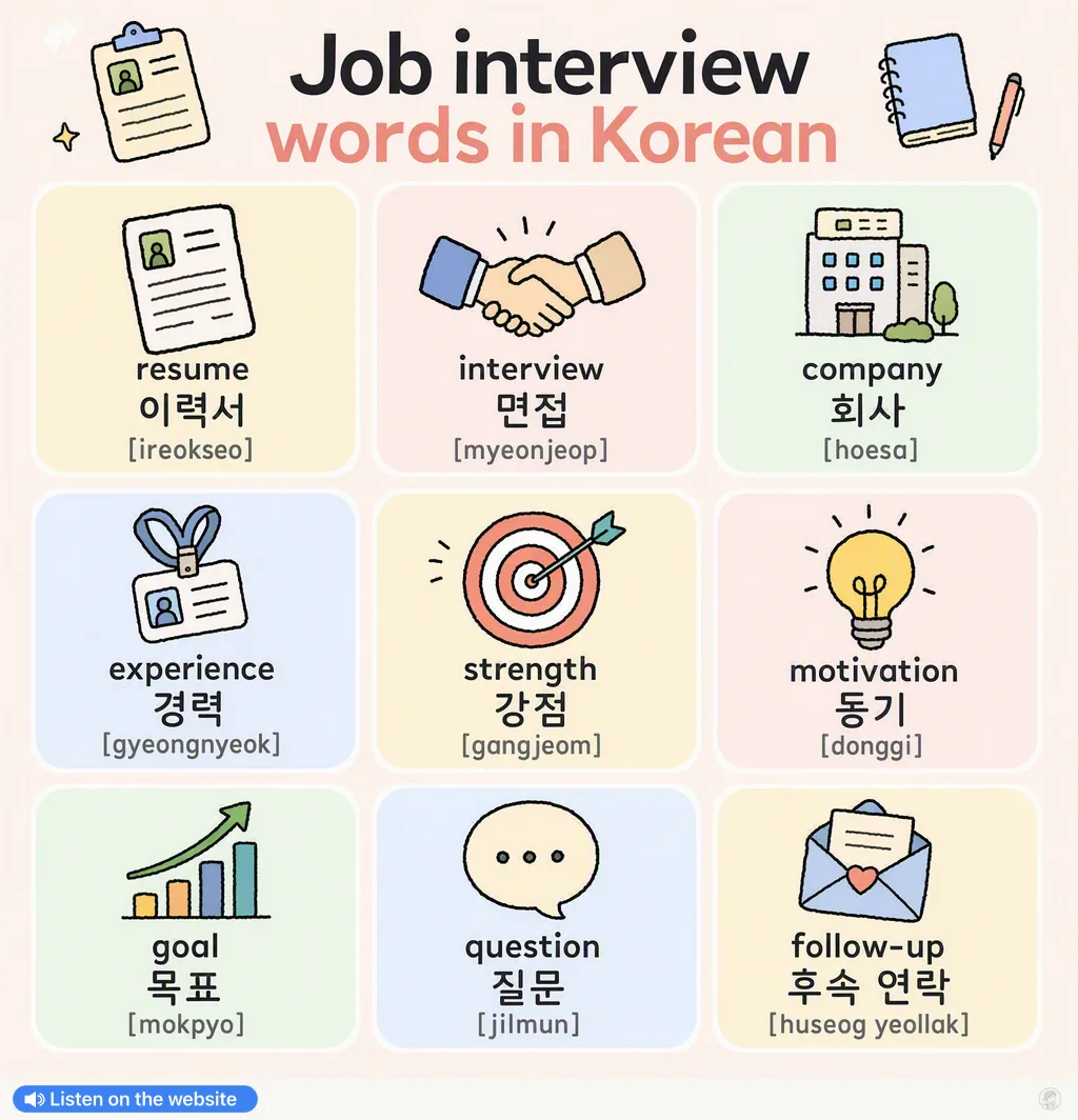 Job interview words in Korean — Korean vocab chart